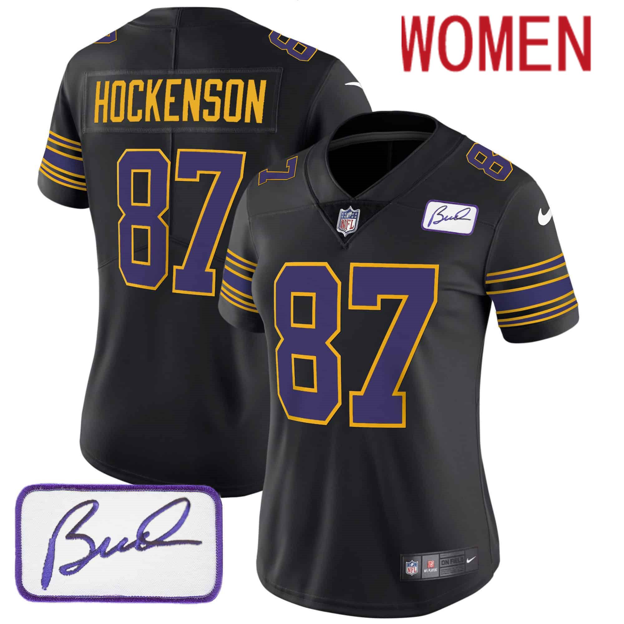 Women Minnesota Vikings 87 Hockenson Black 2024 Nike Bud Grant Patch Classic Limited NFL Jersey